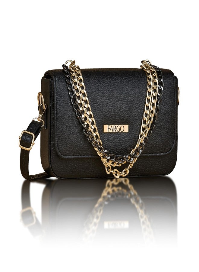 Fargo Women Leather Crossbody Sling Bag with Chain Strap (Black) - Image 1